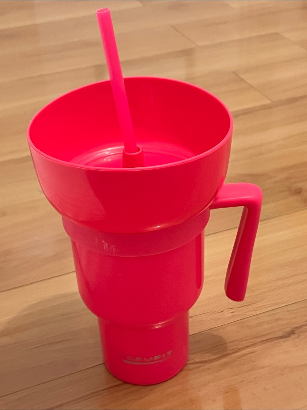 Neon Pink Plastic Travel Mug with Straw and Handle